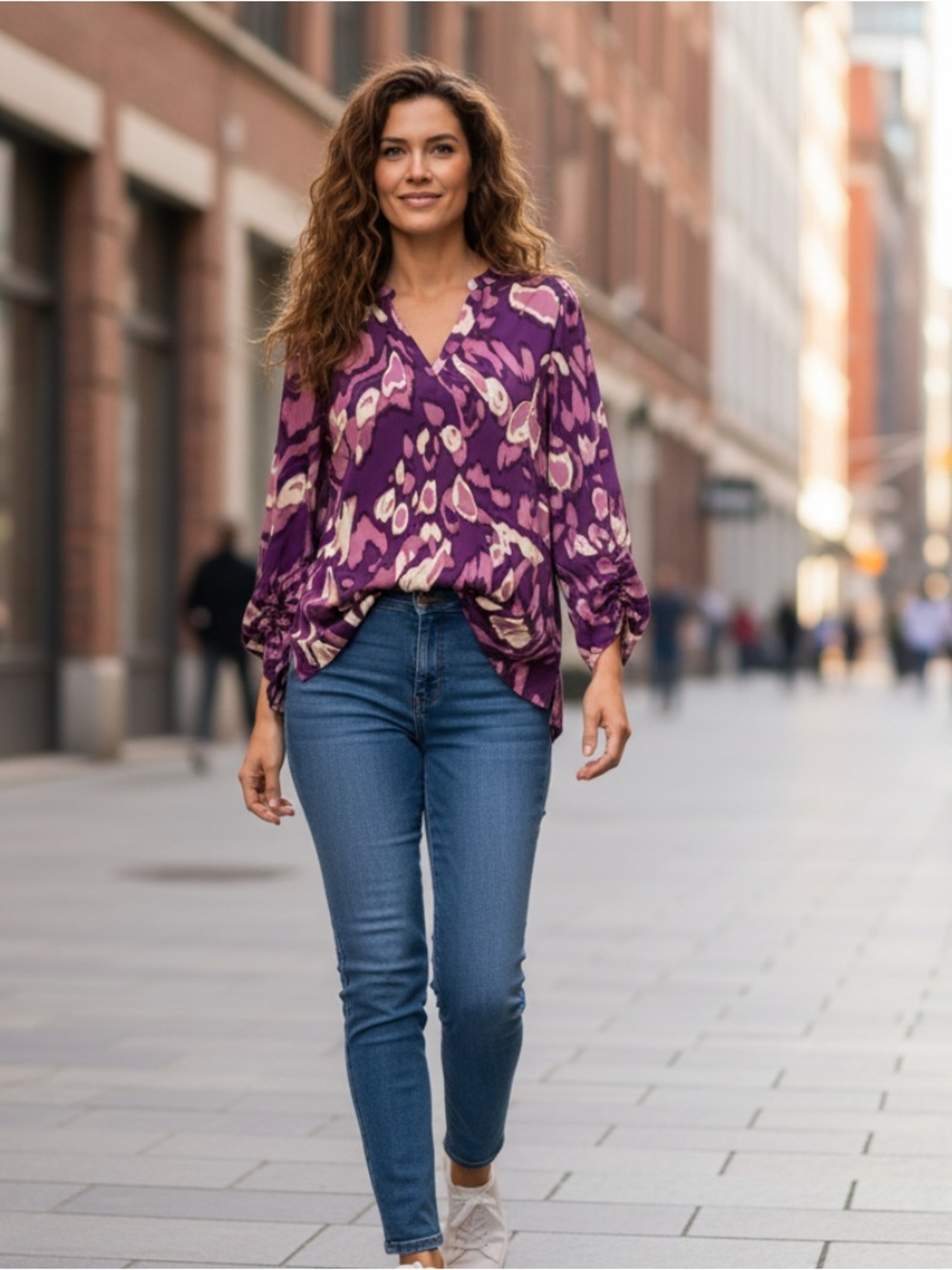 Belle by Kim Gravel Purple and Cream Printed V-Neck Blouse